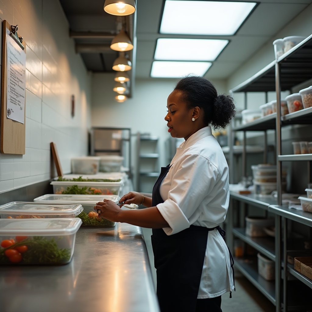 Restaurant kitchen with organized prep stations, labeled containers, and a pull sheet posted on the wall showing batch quantities for the day