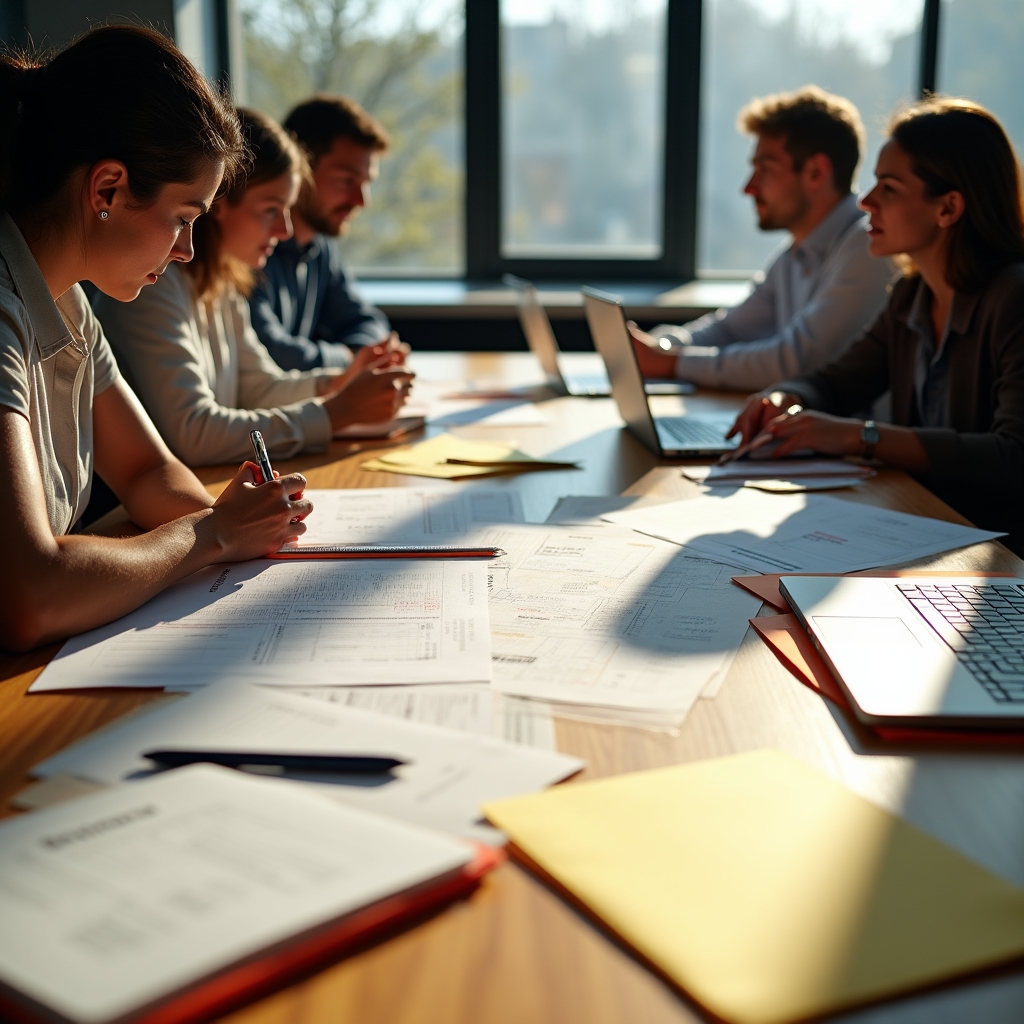Workshop participants working through scheduling templates and opening checklists on a large conference table with printed worksheets and laptops