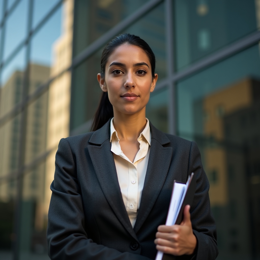 Lead instructor, a 45-year-old woman of South Asian descent in business formal attire, standing confidently in front of a modern glass office building