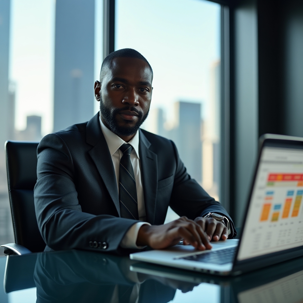Scheduling and data analysis instructor, a 47-year-old Black man in a dark business suit, seated at a desk reviewing scheduling data on a laptop with confidence